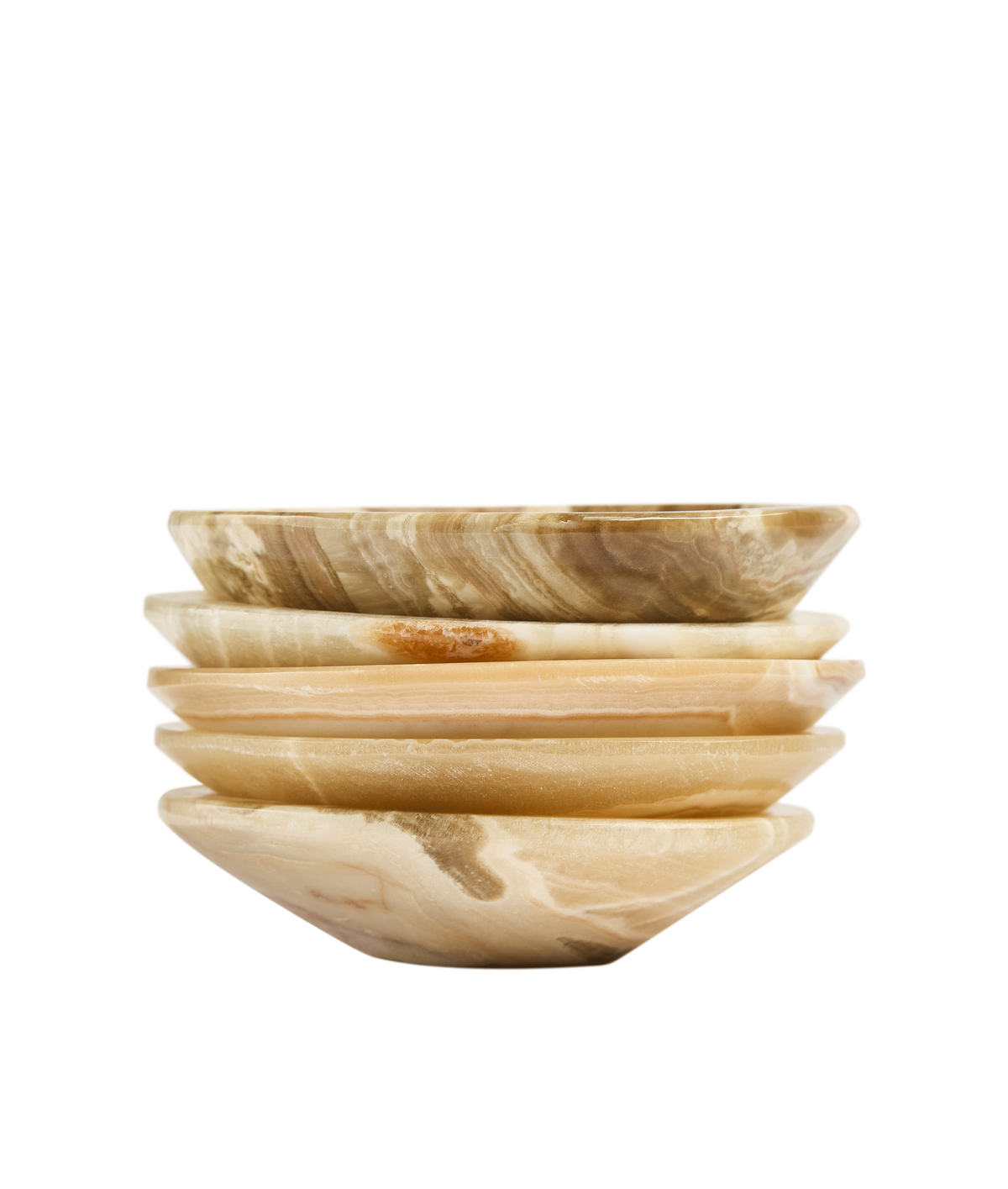 Stack of five aragonite ritual bowls seen from the side, with light and amber veins