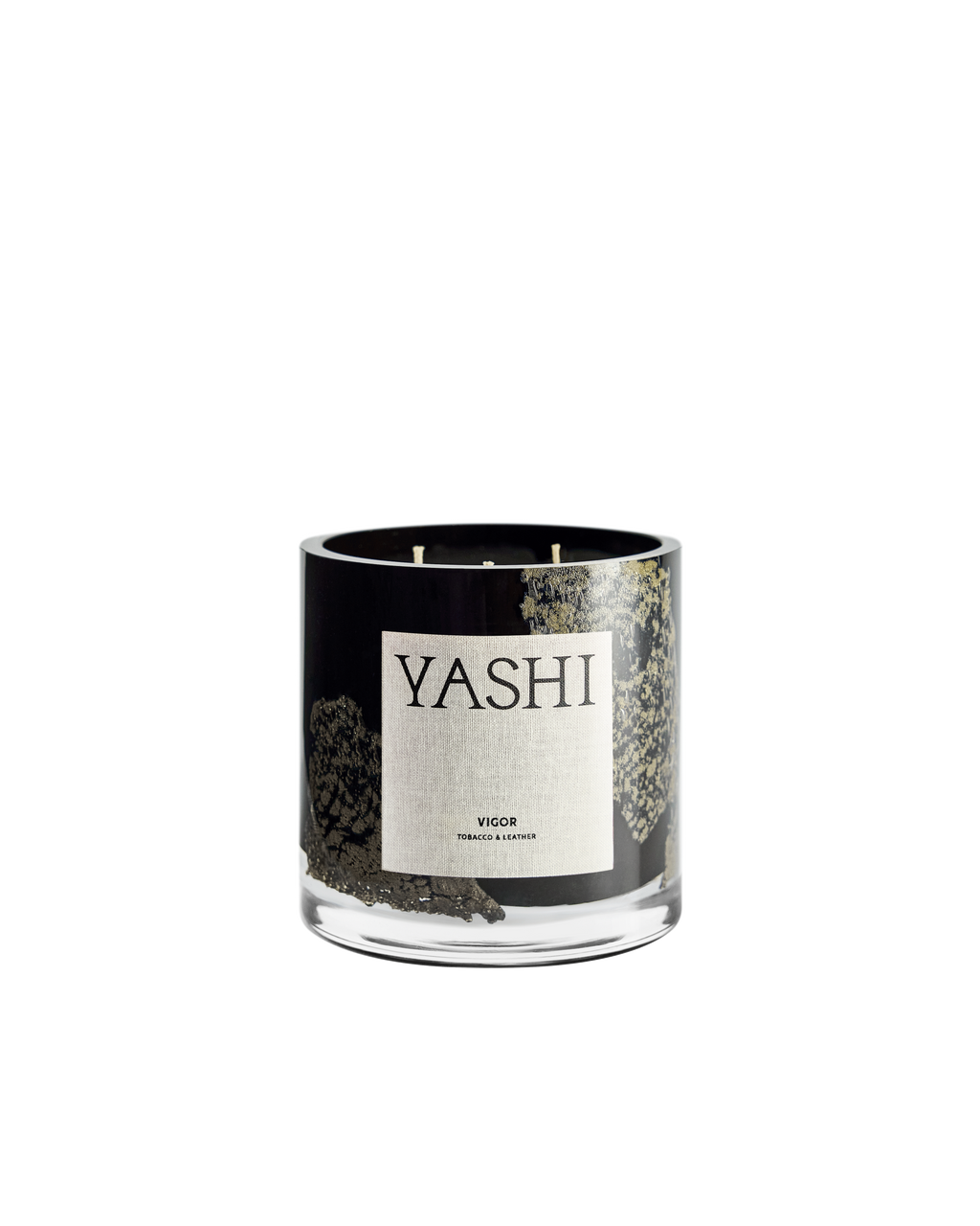 Yashi Vigor-kaars in zwart geblazen glas met zilveren spikkels, crèmekleurig etiket, op een lichte achtergrond