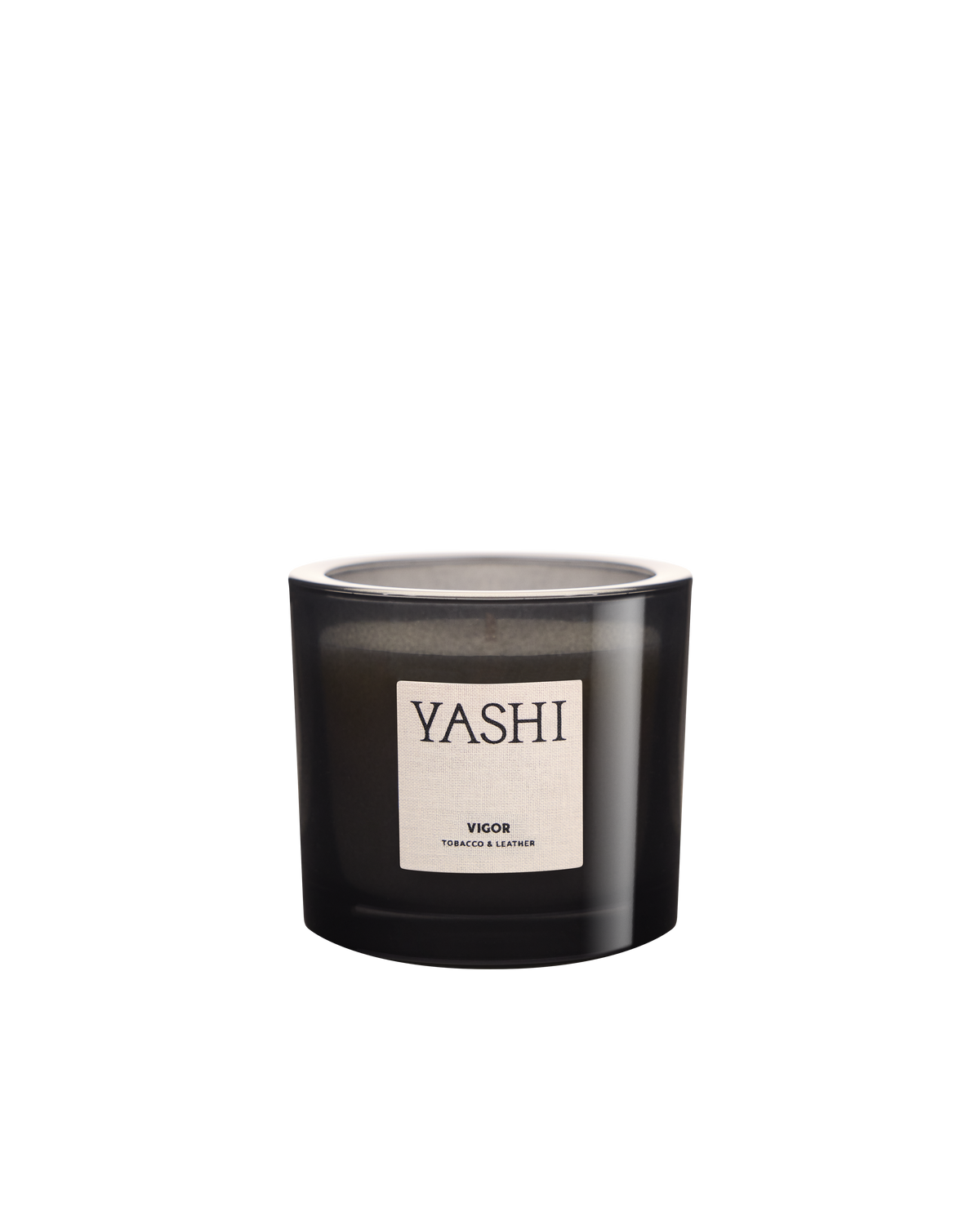 Yashi Murmure de Vigor candle in smoked glass, cream label, on a light background